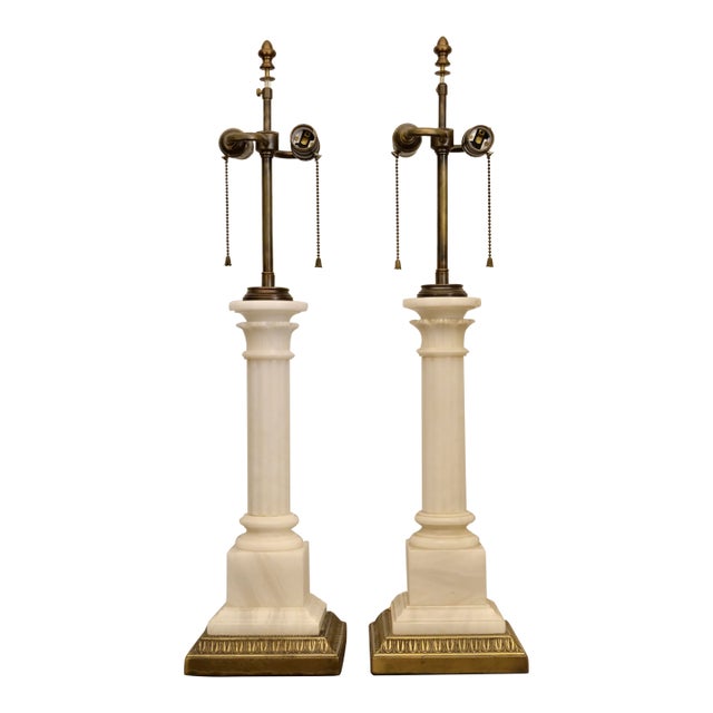 Large Neoclassical Alabaster Column Lamps - A Pair For Sale