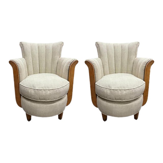 Pair Of French Art Deco Bergeres. Offered is a stunning pair of French Art Deco walnut chairs, club chairs, lounge chairs...