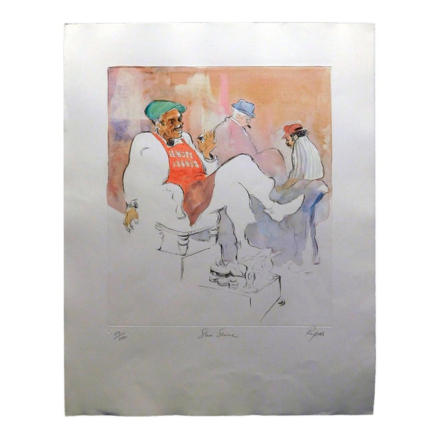 William Papas "Shoe Shine" Signed Numbered Hand Colored Etching #29/100 For Sale