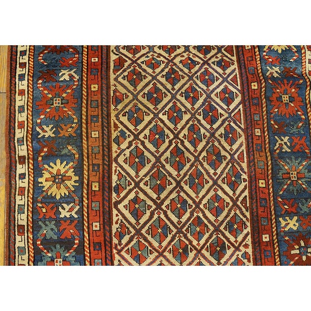 Tribal 1880s Ivory Blue Diamond Hank Knotted Antique Caucasian Rug 4'0" X 8'0" Wool Carpet For Sale - Image 3 of 4