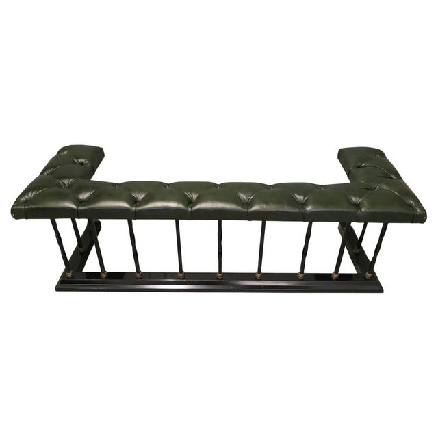 Green Brass and Iron Club Fender with Buttoned Leather Fire Side Seat, 1920 For Sale - Image 8 of 8