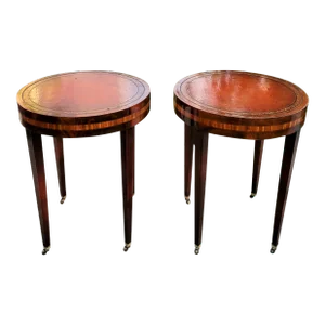 Mid 20th Century Pair of Vintage Round Leather Top Occasional Tables on Casters