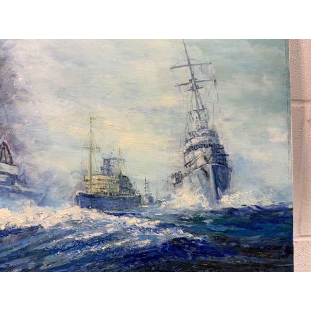 Textile Vintage Original u.s. Navy Battle Ship Boat Air Force Seascape Oil Painting Army For Sale - Image 7 of 14