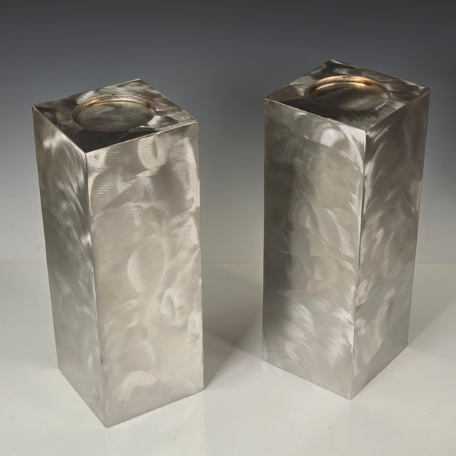 Two Heavy Gauge Stainless Steel Candleholders For Sale - Image 4 of 6