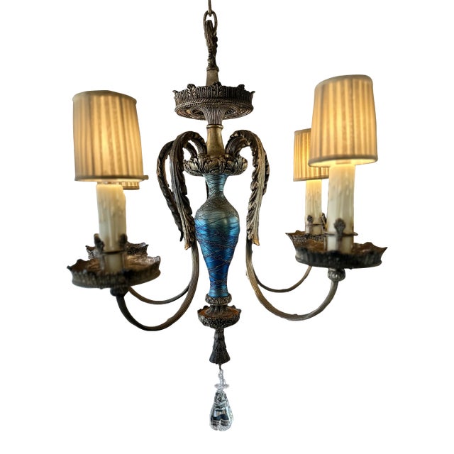 Antique Durand Blue Iridescent Glass Chandelier For Sale