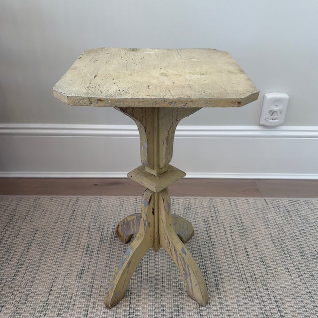 Charming antique painted wood pedestal side table with a wonderful sculptural silhouette. The old muted painted finish...