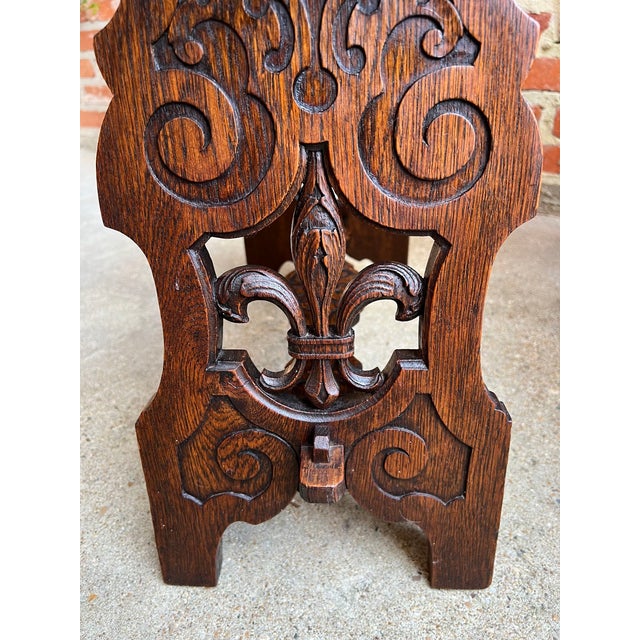 Brown Antique French Bench Stool Gothic Renaissance Carved Oak Trestle Fleur De Lis For Sale - Image 8 of 12
