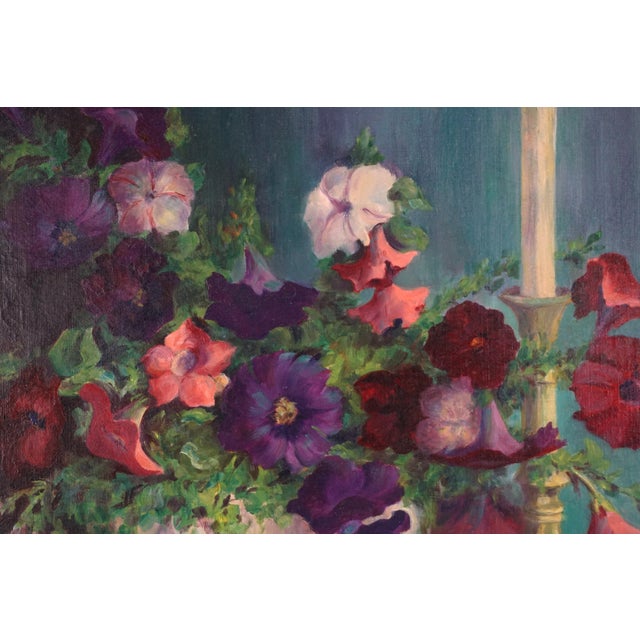 1930s Vibrant Floral Still Life With Petunias and Candle Stick by Jennie Thatcher Crawford For Sale - Image 4 of 7