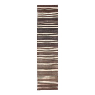 Mid 20th Century Turkish Vintage Kilim Runner With Shades of Brown and Ivory Stripe Modern Design For Sale