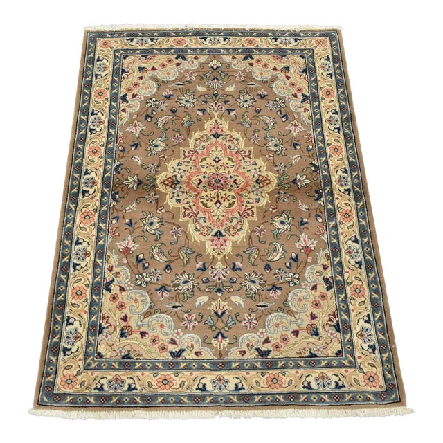 Kashan Rug 3’5” X 4’9” Brown Wool Vintage Traditional Hand-Knotted Carpet For Sale