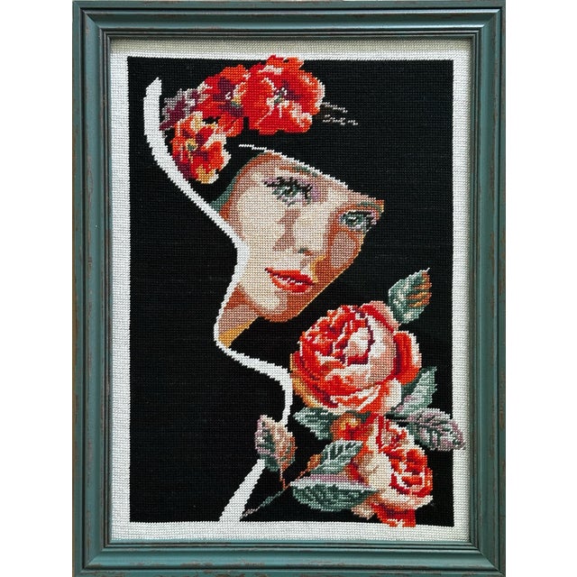 Figurative Framed “The Smell of Roses” Needlepoint. For Sale - Image 3 of 4