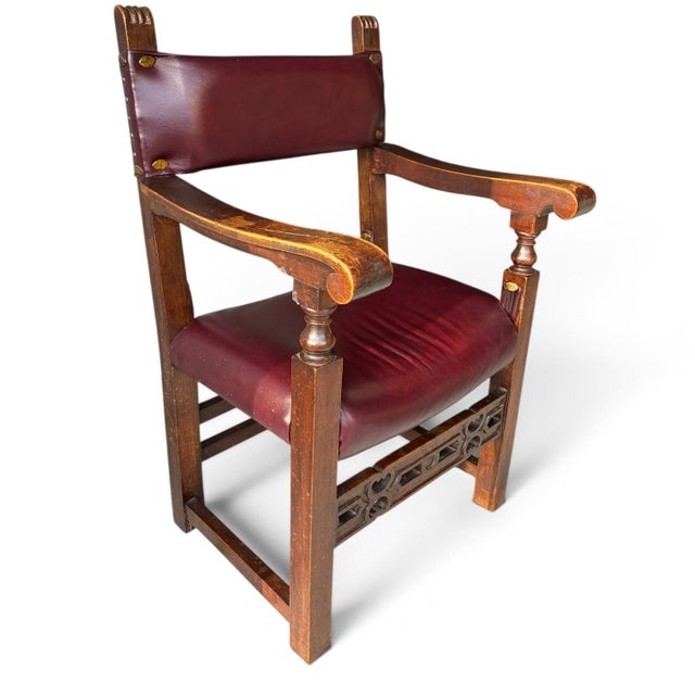 Rare Antique Spanish Revival / Gothic Oak Armchair in Oxblood Leather & Bronze Accents For Sale - Image 10 of 12