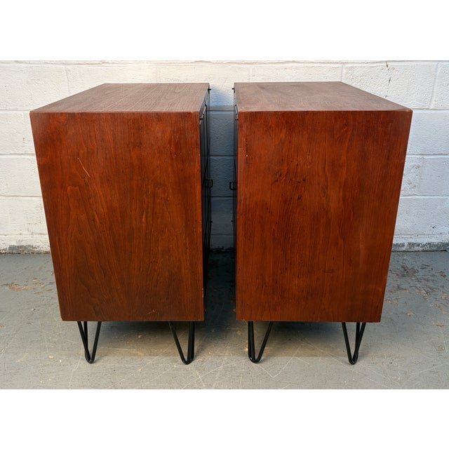 Mid 20th Century Modern Burled Walnut Cabinets on Hairpin Legs, A Pair For Sale - Image 4 of 14