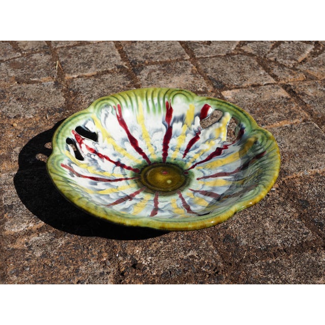 Ceramic 1970s West Germany Openwork Fruit Bowl With Yellow and Red Drips For Sale - Image 7 of 11
