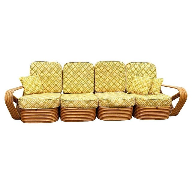 1950s Restored Mid-Century 5-Strand Square Pretzel Rattan Chair & Sofa Livingroom Set For Sale - Image 4 of 11