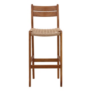 Coastal Modern Teak & Woven Seat Outdoor Bar Stool For Sale