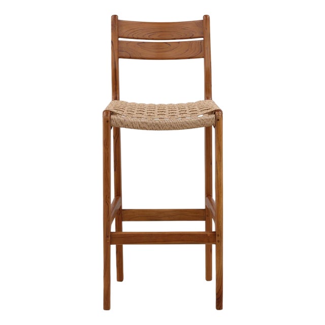 Coastal Modern Teak & Woven Seat Outdoor Bar Stool For Sale