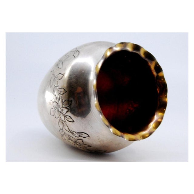 Metal Silver Vase with Engraved Floral Motifs and Wavy Rim For Sale - Image 7 of 10