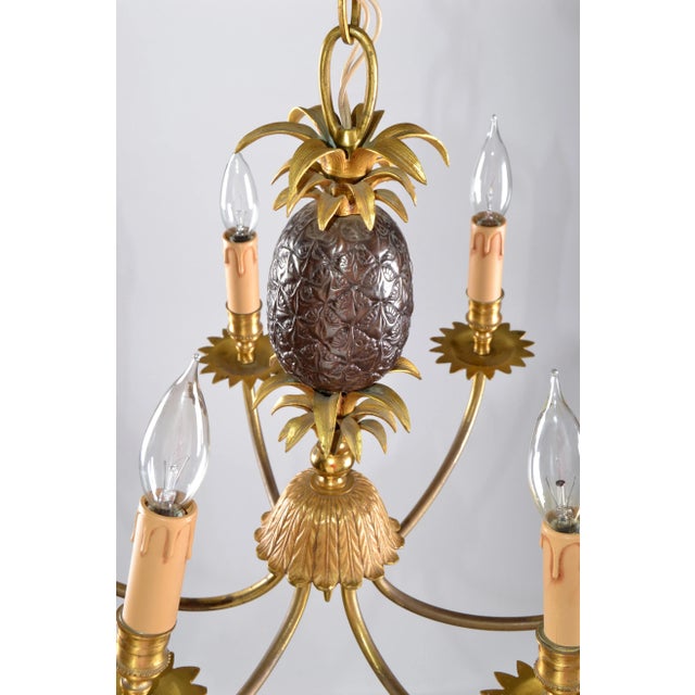 1960s Maison Charles Neoclassical Six Light Pineapple Bronze Chandelier With Sleeves For Sale - Image 5 of 11