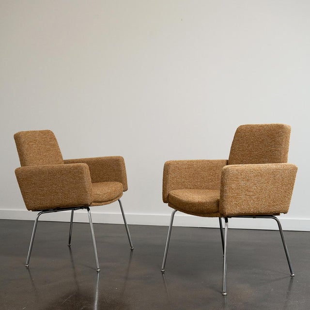 A pair of vintage armchairs by JG Furniture with bent rod chrome legs reupholstered in a Jed Home wool and mohair blend....