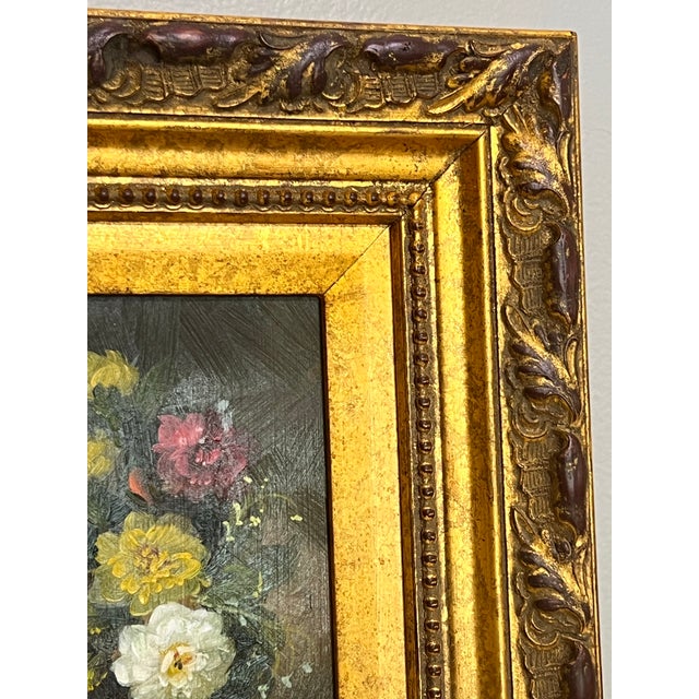 Pair of 20th Century Oil on Board Floral Still Life Paintings in Giltwood Frames For Sale - Image 10 of 12