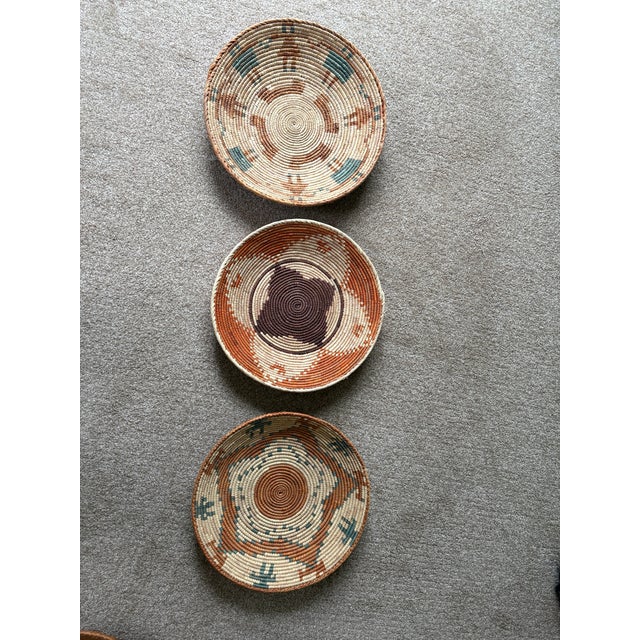 African Coiled Straw Basket, 14.25 In. Diameter, Natural, Rust and Teal For Sale In San Francisco - Image 6 of 6