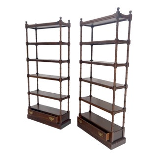Pair of 6 Tier Faux Bamboo Bottom Drawer Cherry Bookcases Round Ball Finials For Sale