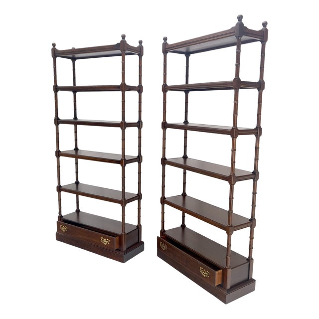 Pair of 6 Tier Faux Bamboo Bottom Drawer Cherry Bookcases Round Ball Finials For Sale