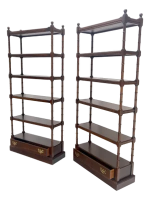 Pair of 6 Tier Faux Bamboo Bottom Drawer Cherry Bookcases Round Ball Finials