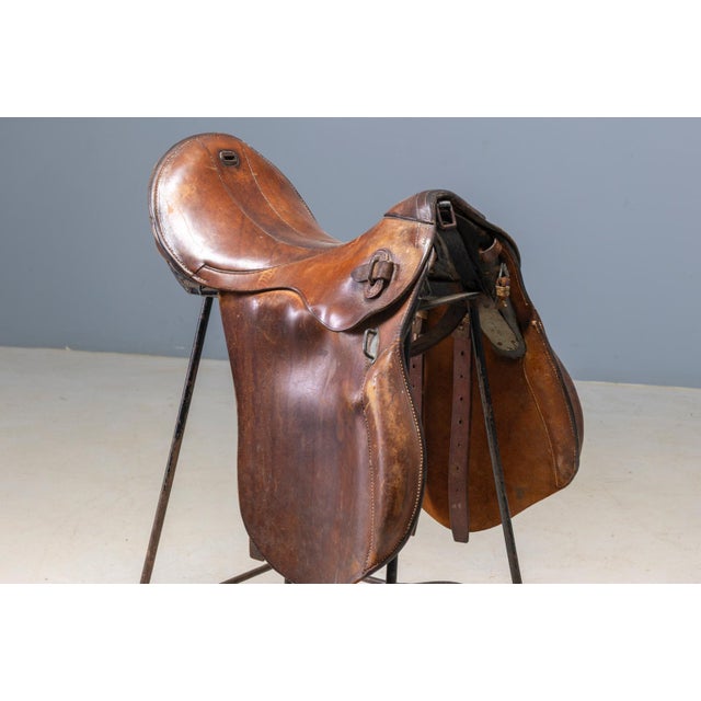 Rustic Saddle Style Leather and Metal Bar Stools, Late 20th Century, Set of 2 For Sale - Image 3 of 11