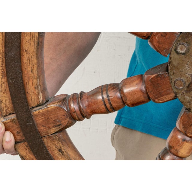 Brown Antique Iron Clad Mahogany Ship’s Wheel For Sale - Image 8 of 8