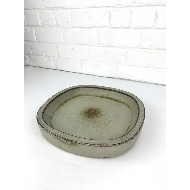 Large ceramic vide-poche or low bowl in earth tones beige-grey brown. Square with rounded edges. Scandinavian Mid-Century...