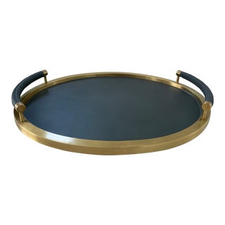 Arteriors Gray Leather and Antique Brass Handles Large Tallulah Tray For Sale