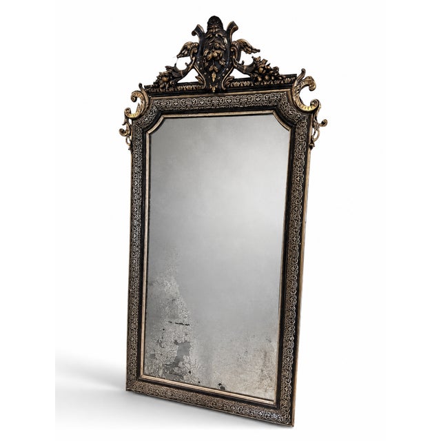 Antique Victorian Gothic Mirror with Silver Leaf Inlay over Black Gesso Frame, 1850 For Sale - Image 9 of 12