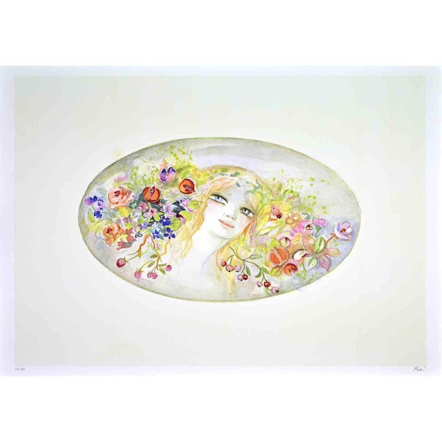 Felicita Frai, Portrait with a Garland of Flowers, 1980s, Lithograph For Sale