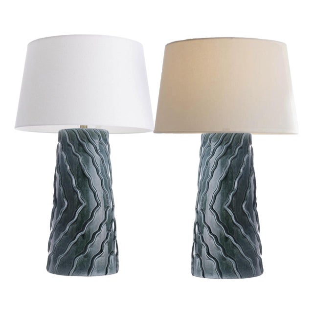 Arteriors Dark Teal Huron Table Lamps and Shades - a Pair For Sale