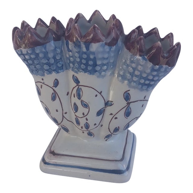 Late 20th Century ​Miniature Hand-Painted Portuguese Faience Tulipiere With Rooster Motif For Sale