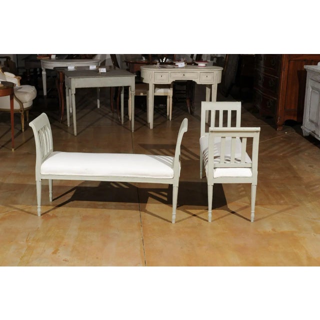 Light Green Italian 1890s Painted Wood Classical Bench with Scrolling Arms and Upholstery For Sale - Image 8 of 12