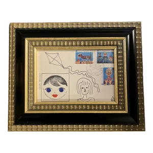 Contemporary Original Judy Henn Abstract Ink Drawing/Collage “First Day With Kite” Framed