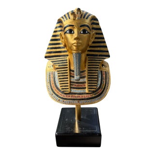 Vintage Egyptian Revival Pharaoh Bust Sculpture | Gold & Black Tutankhamun Style Figure on Wood Stand For Sale