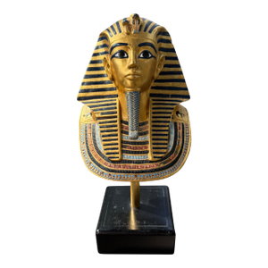 Vintage Egyptian Revival Pharaoh Bust Sculpture | Gold & Black Tutankhamun Style Figure on Wood Stand
