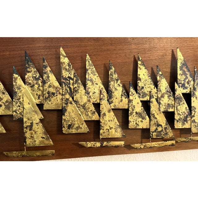 1960s 1960s Peter Pepper Brass Sailboats Wall Sculpture on Walnut Panel | Mid-Century Modern California Brutalist Art For Sale - Image 5 of 9