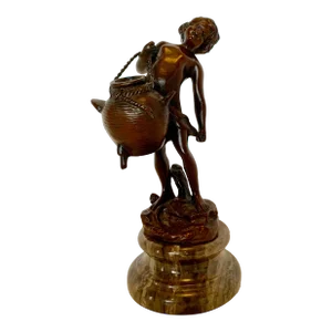 Late 20th Century Statue of Child Carrying a Water Vessel on a Marble Base
