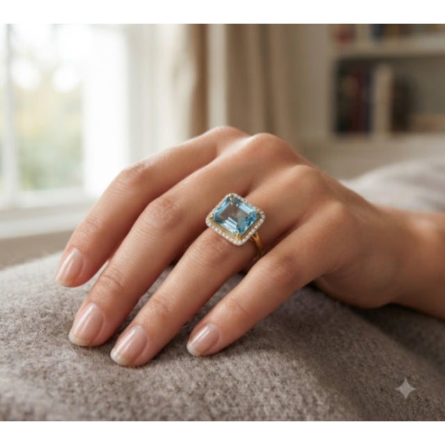 Metal Natural Blue Topaz 5.70cts & Diamond 0.20cts Ring in 18k Gold For Sale - Image 7 of 8