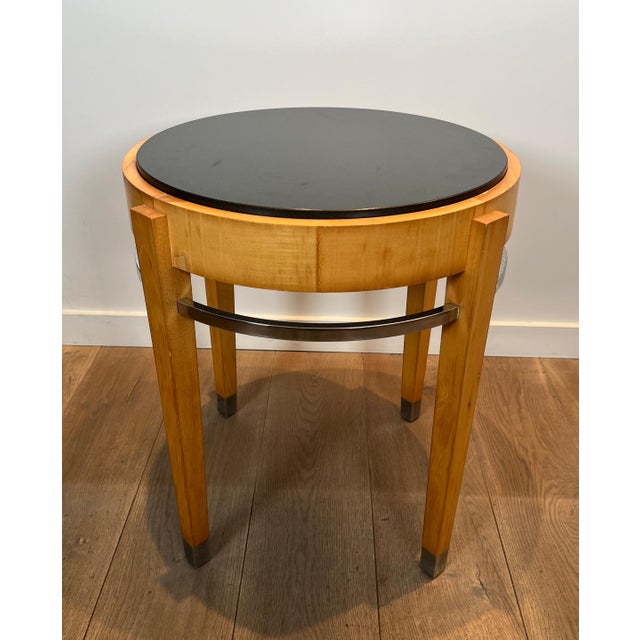 This beautiful pedestal table is made of sycamore veneer and chrome with a black marble top. It is a French piece. Circa 1940