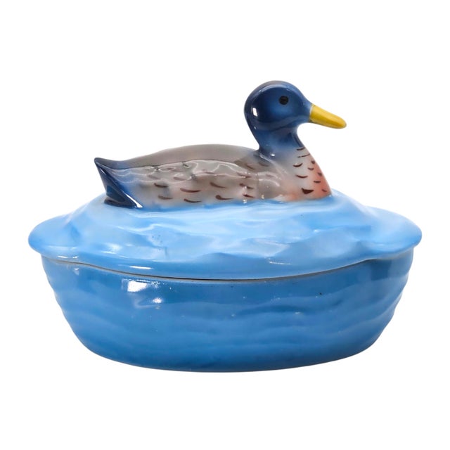 Figurative Mid-Century Czechoslovakian Blue Ceramic Duck Lidded Trinket Dish For Sale - Image 3 of 18