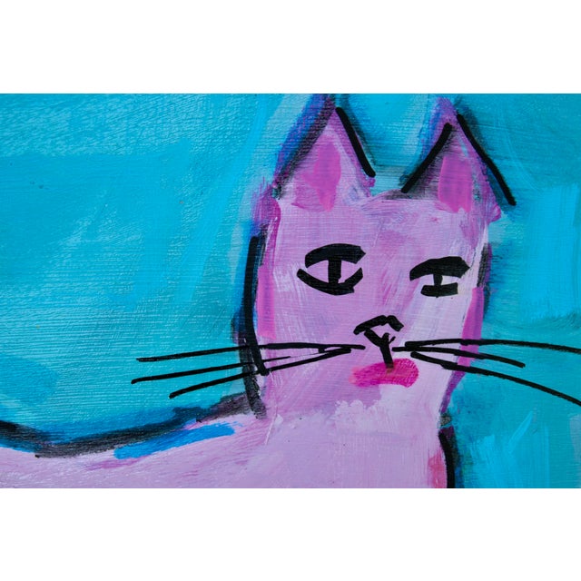 Modern Narratives, Pink Cat, Acrylic Mixed Media Painting For Sale - Image 4 of 9