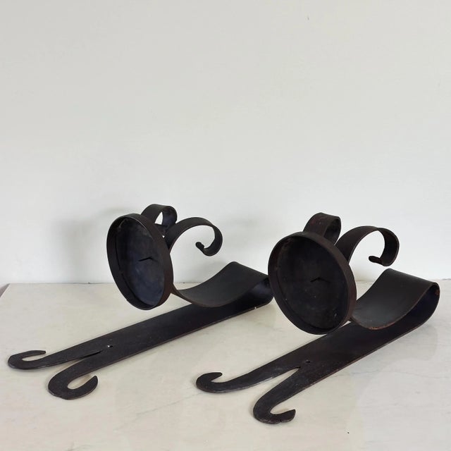 Antique Hammered Wrought Iron Spanish Revival Large Candle Wall Sconces, a Pair For Sale - Image 4 of 12