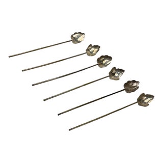 Vintage Mid-Century Mexican Taxco Sterling Silver Leaf Straw Spoons - Set of 6 For Sale