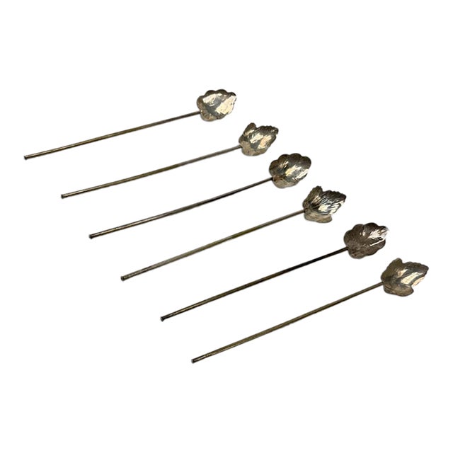 Vintage Mid-Century Mexican Taxco Sterling Silver Leaf Straw Spoons - Set of 6 For Sale